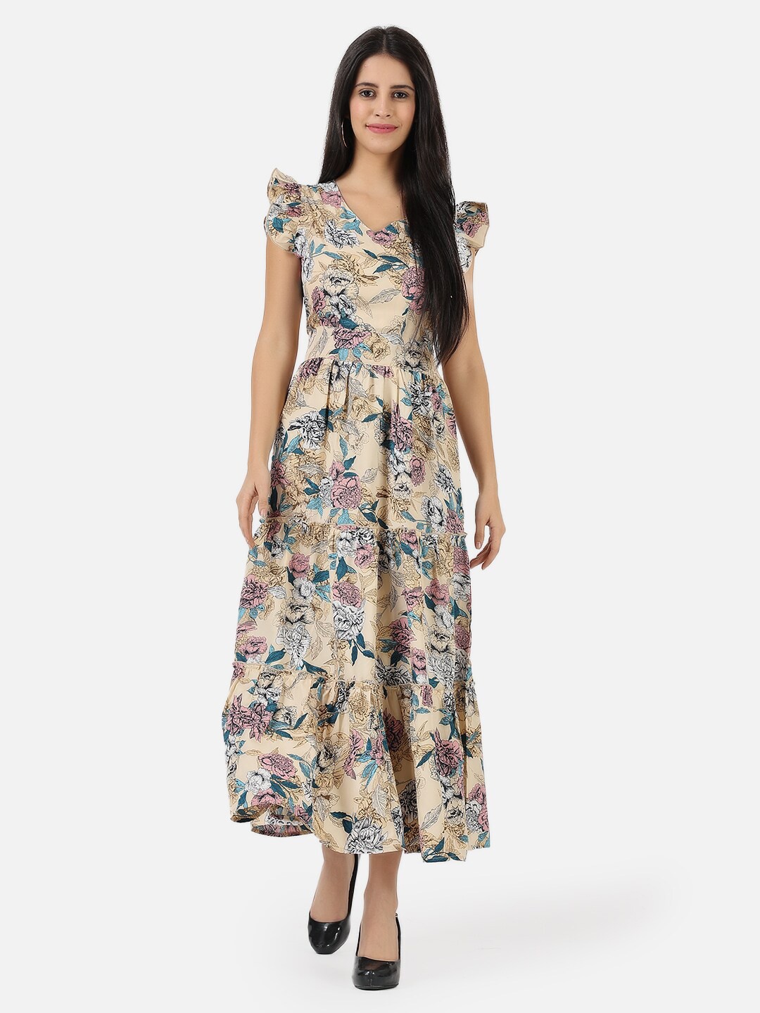 

Frempy White Floral Crepe Maxi Dress