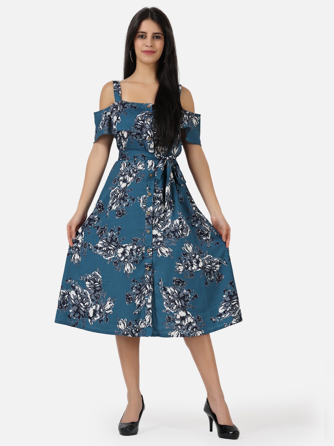 

Frempy Blue Floral Layered Crepe Dress