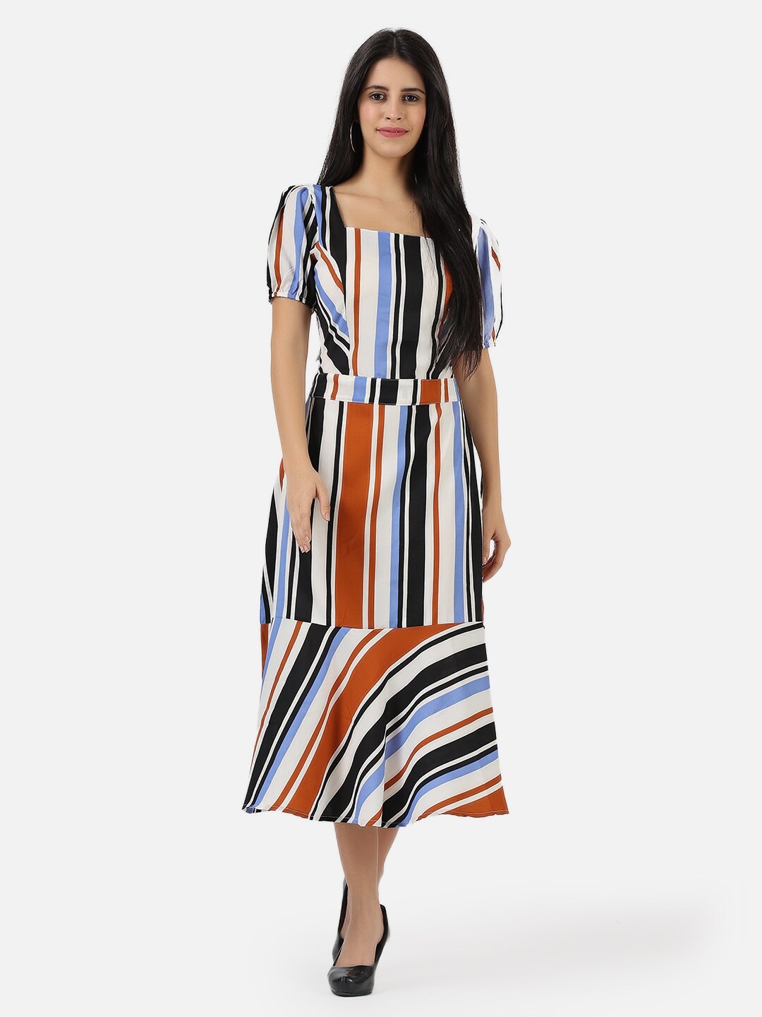 

Frempy Multicoloured Striped Crepe Midi Dress, Multi