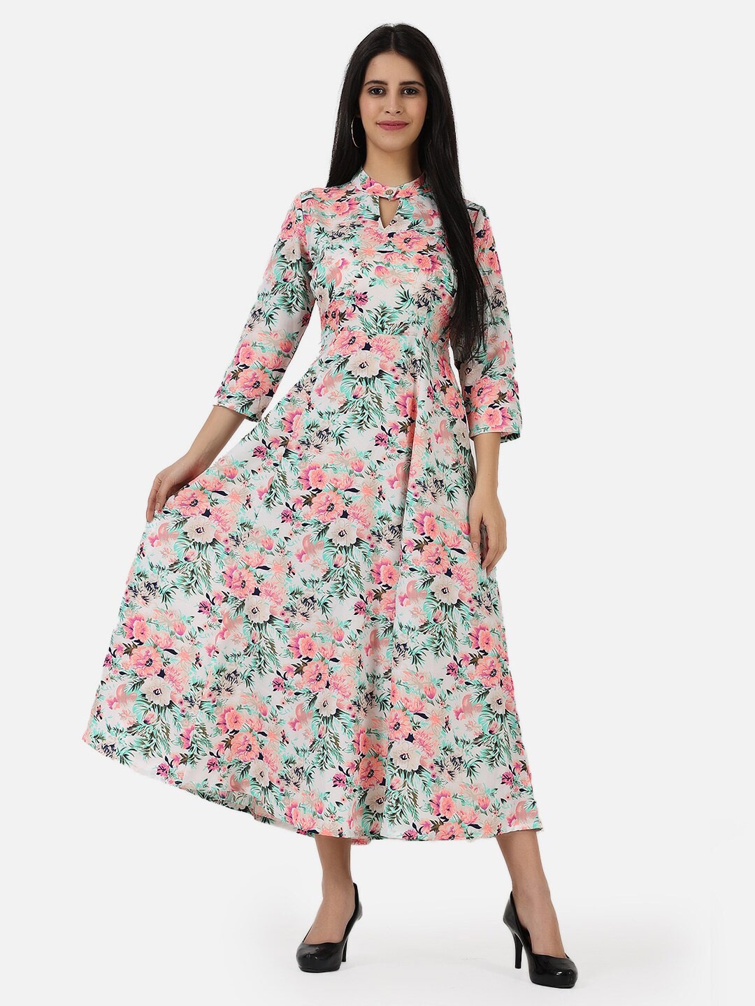 

Frempy White & lilac ash Floral Crepe Midi Dress
