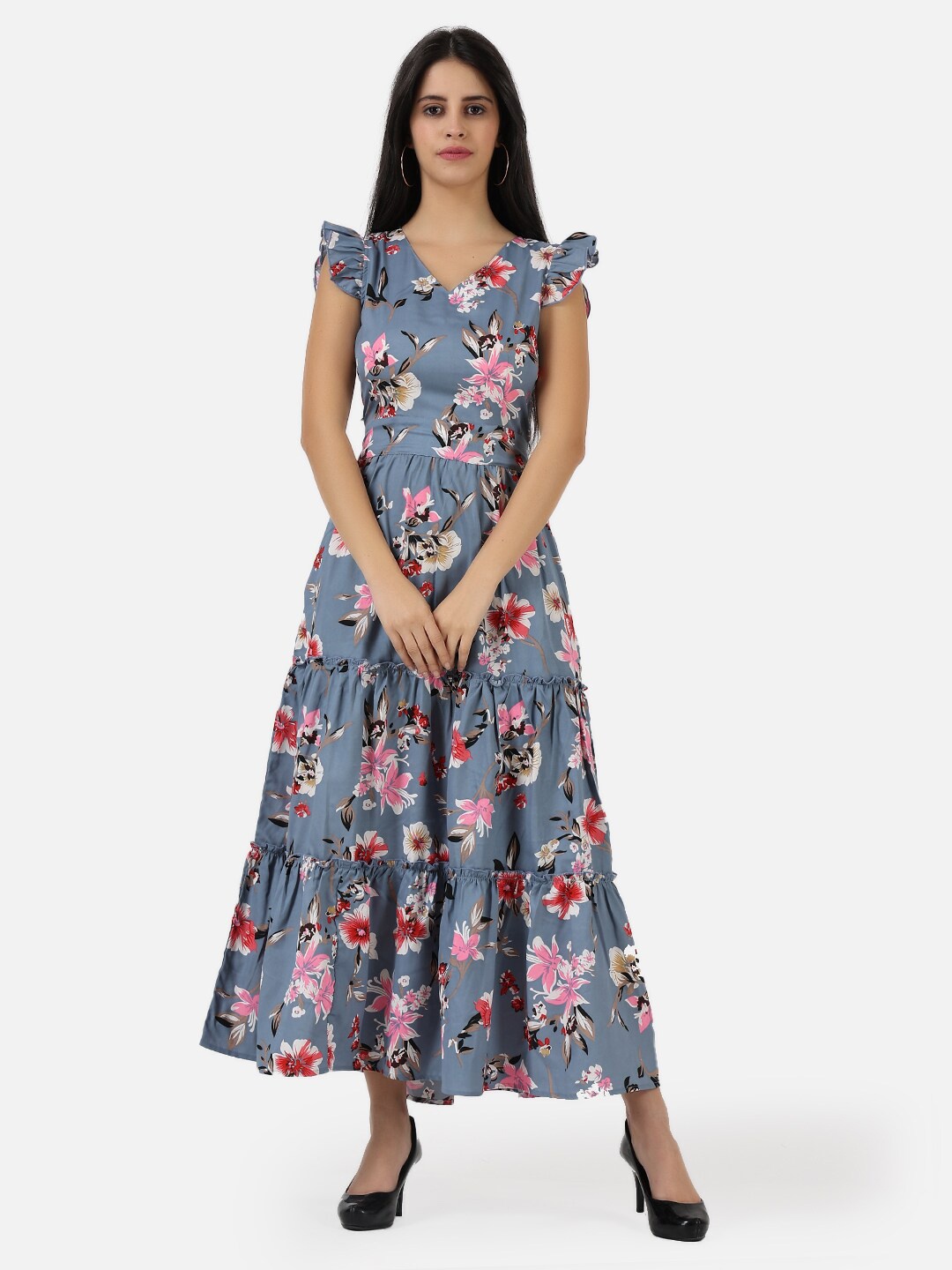 

Frempy Grey & anthracite Floral Crepe Maxi Dress
