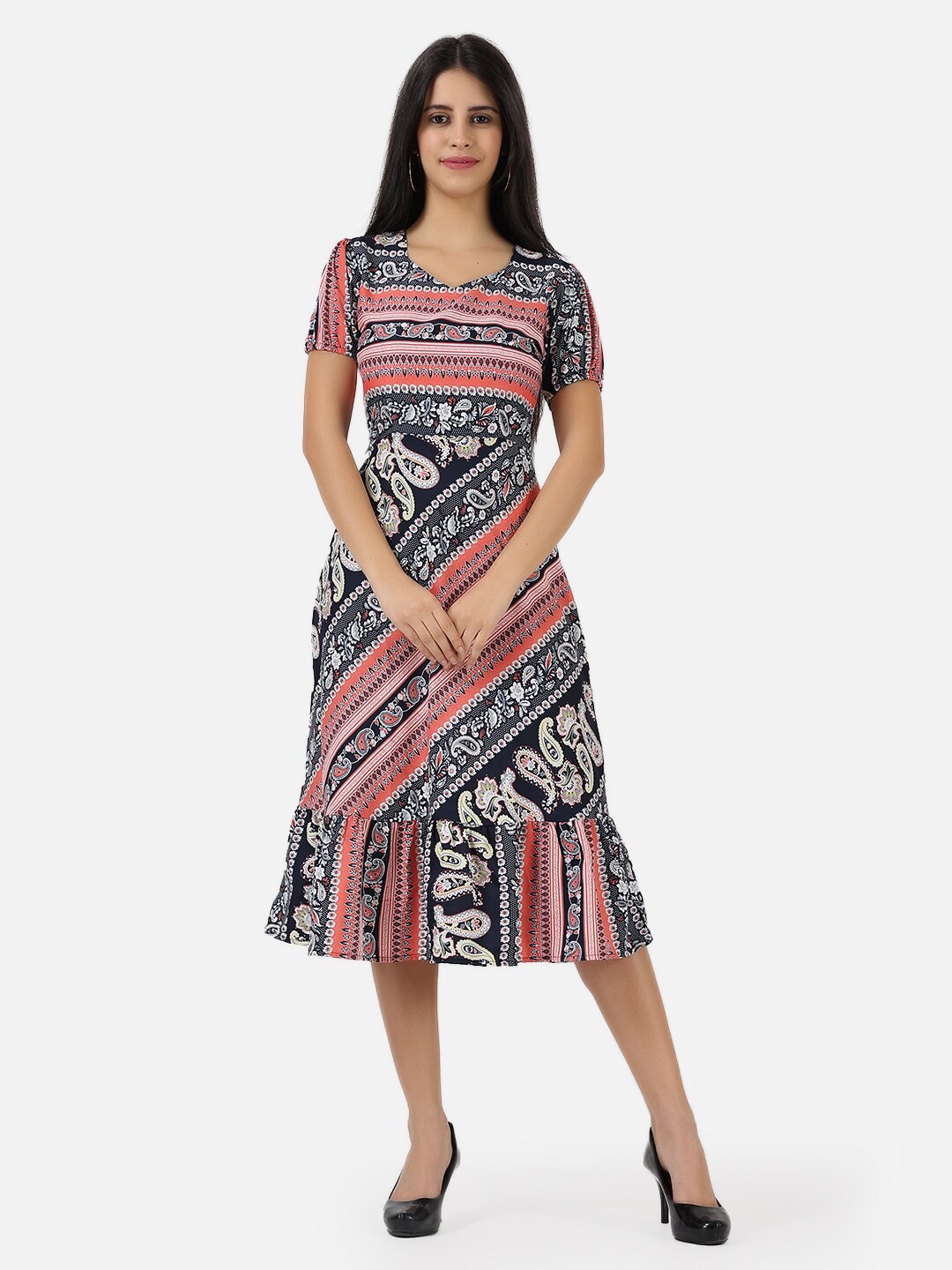 

Frempy Multicoloured Ethnic Motifs Crepe Midi Dress, Multi