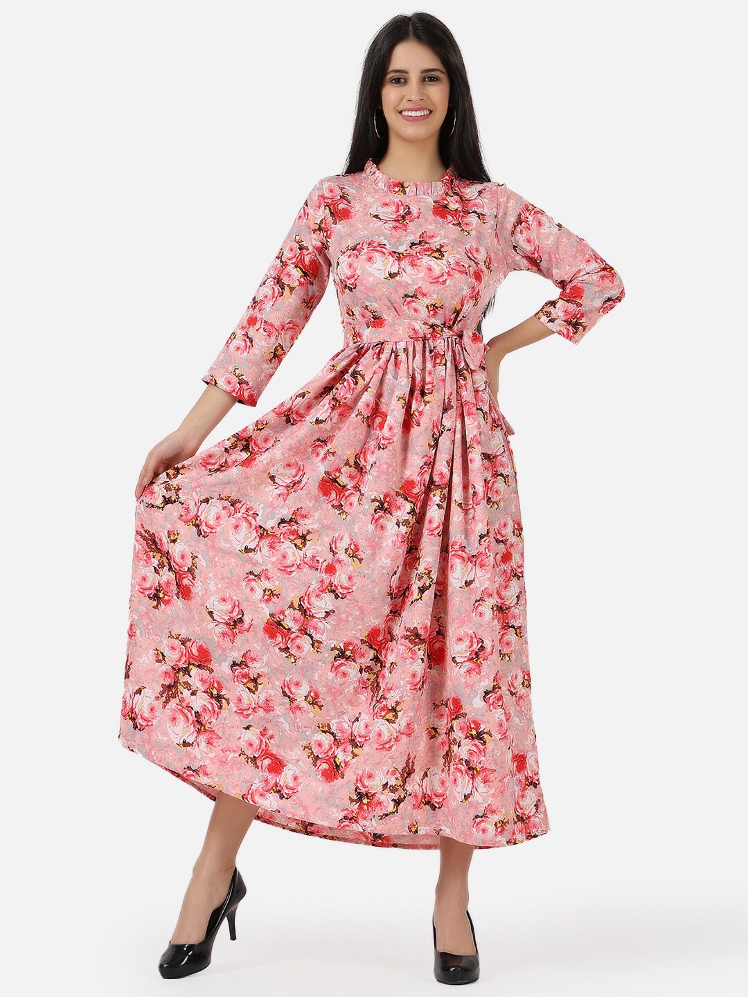 

Frempy Pink & pale chestnut Floral Crepe Midi Dress
