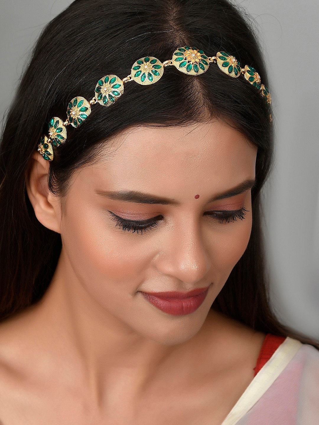 

Silvermerc Designs Women Gold-Plated Green Stone -Studded Meenakari Matha Patti