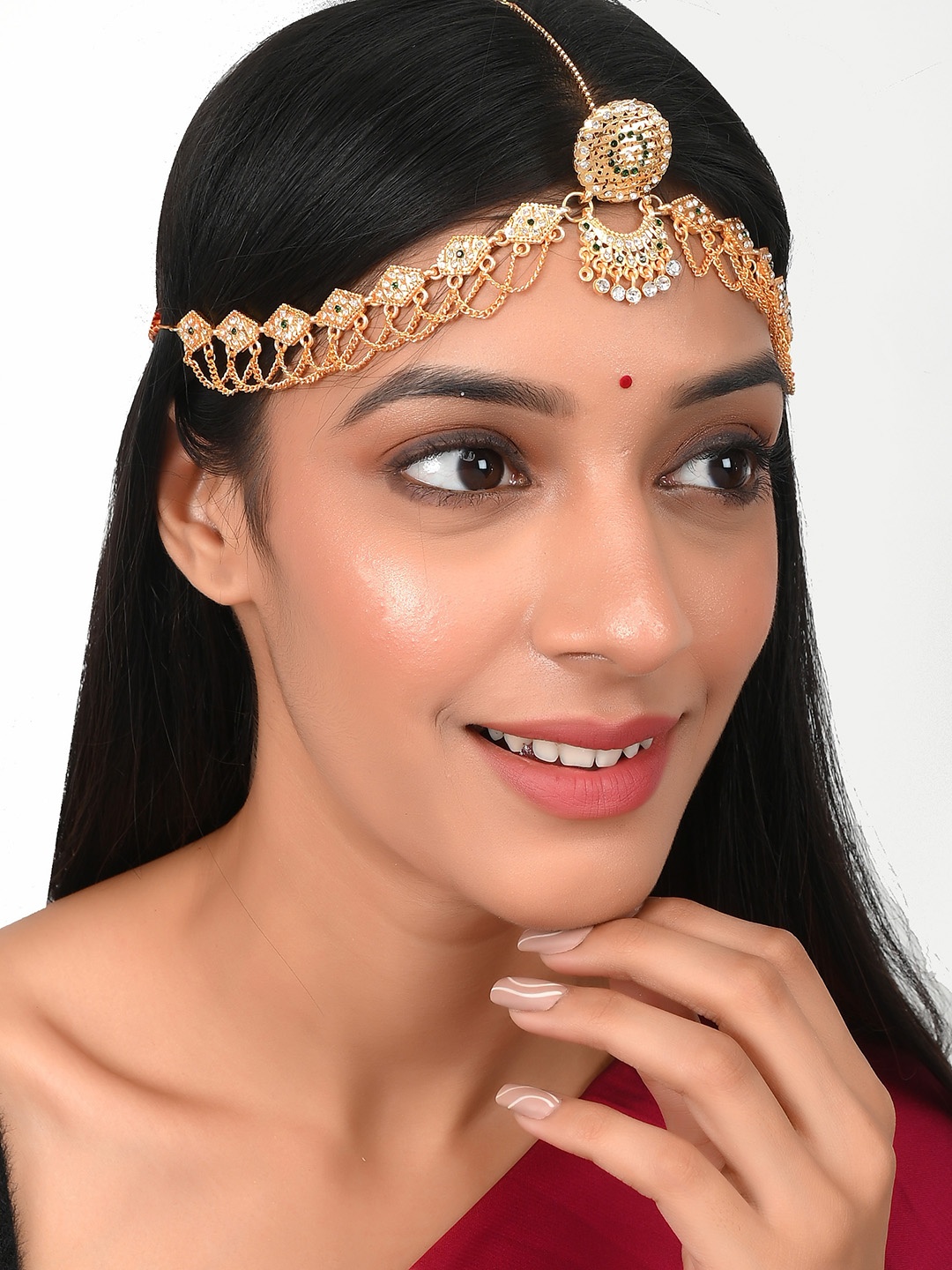 

Silvermerc Designs Gold-Plated White & Green Stone-Studded Matha Patti