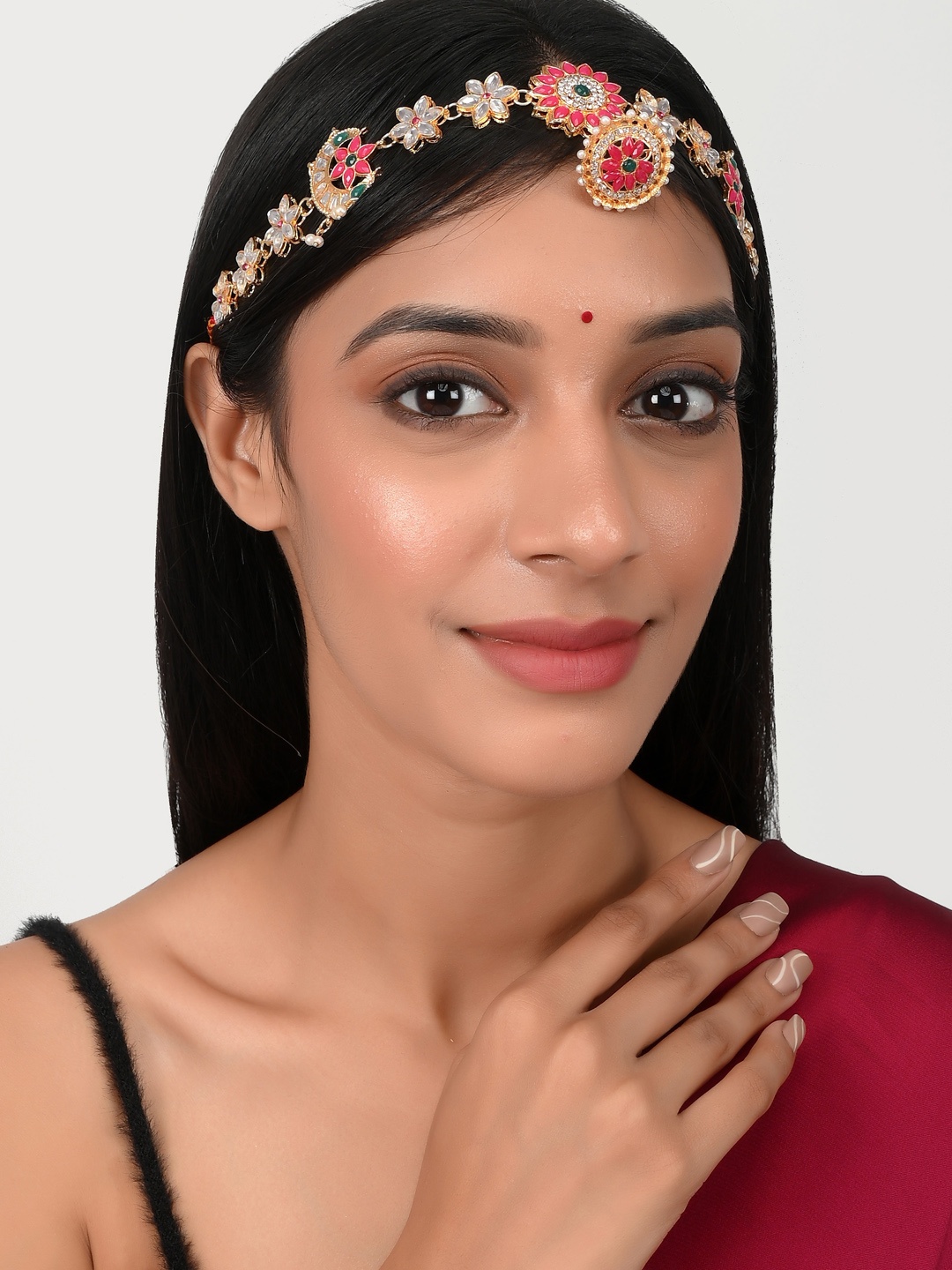 

Silvermerc Designs Gold-Plated Kundan Beaded Ethnic Borla Matha Patti