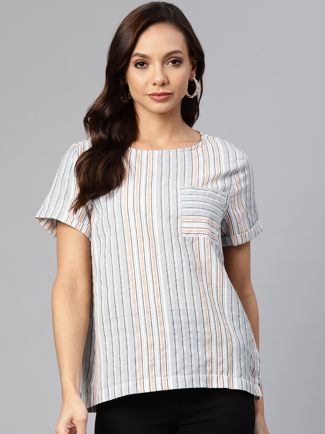 

RUNWAYIN Grey & White Striped Pure Cotton Top