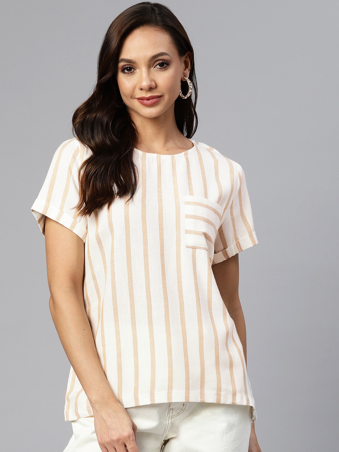 

RUNWAYIN White & Beige Striped Pure Cotton Top