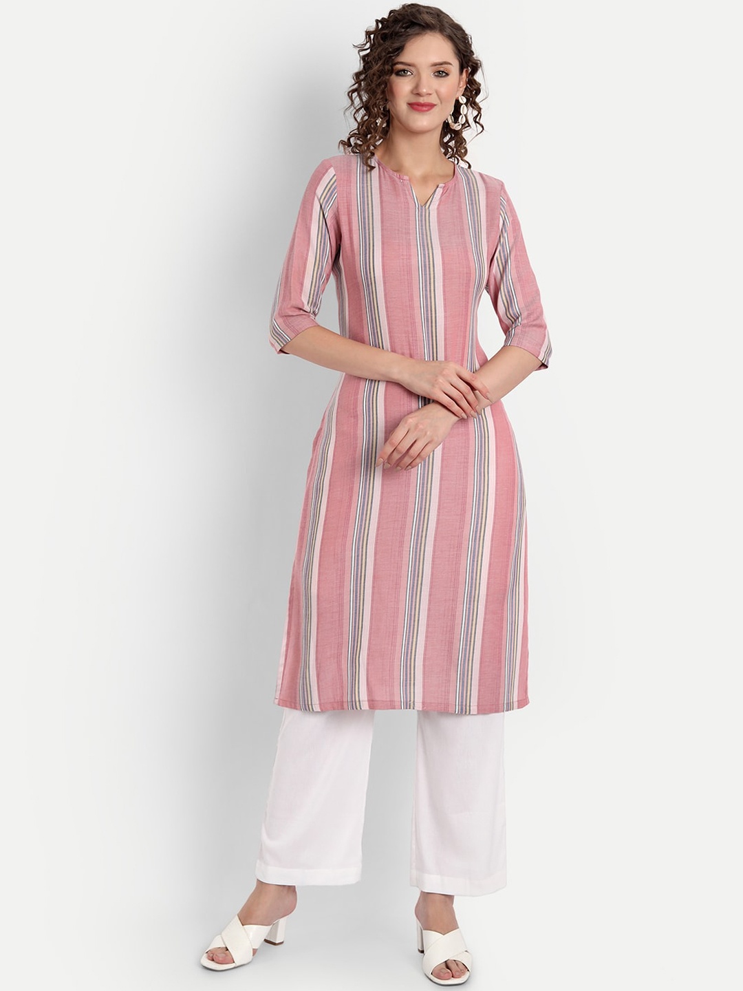 

PARASSIO CLOTHINGS Women Pink Striped Thread Work Kurta