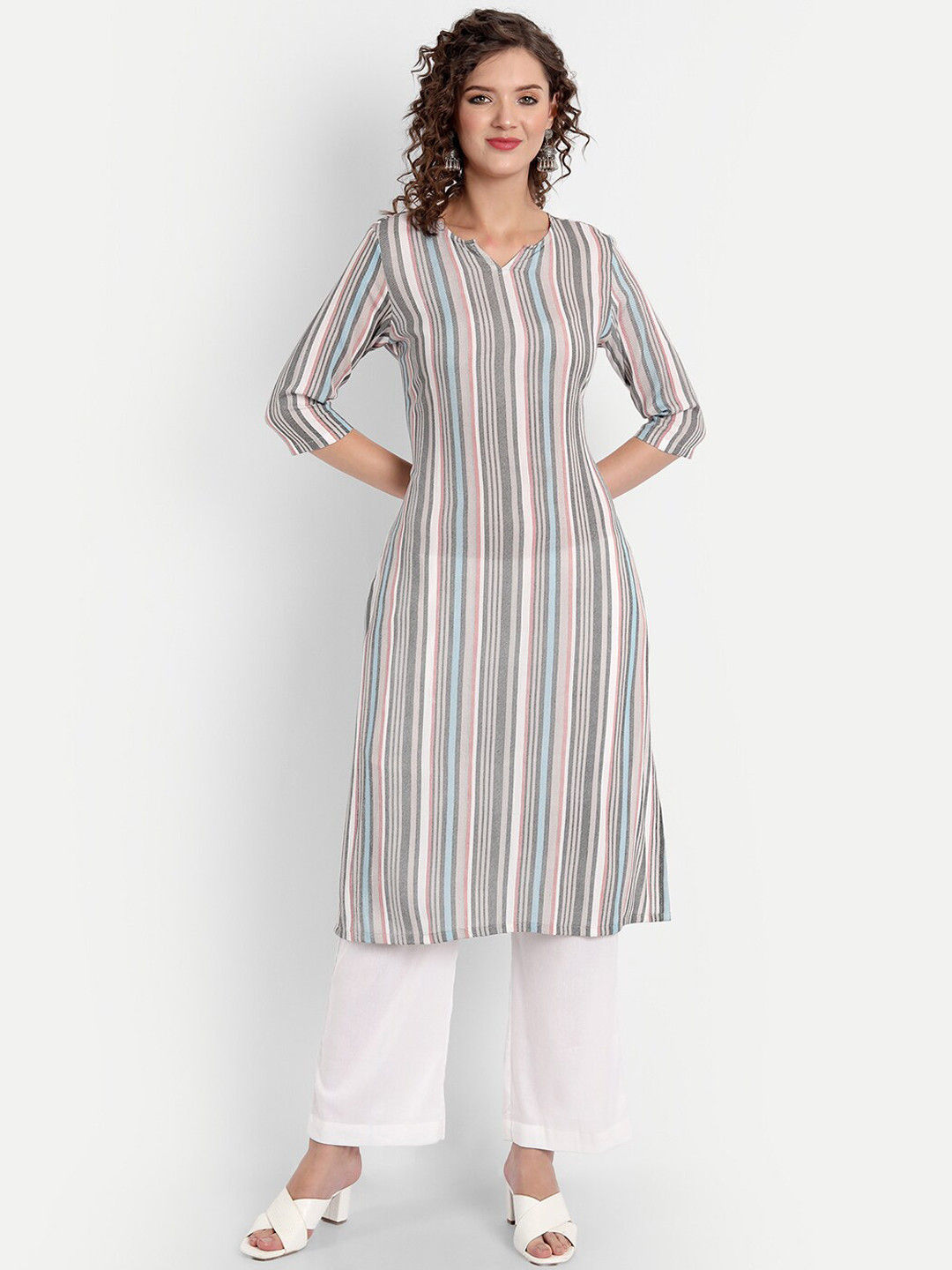 

PARASSIO CLOTHINGS Women Grey Striped Thread Work Kurta