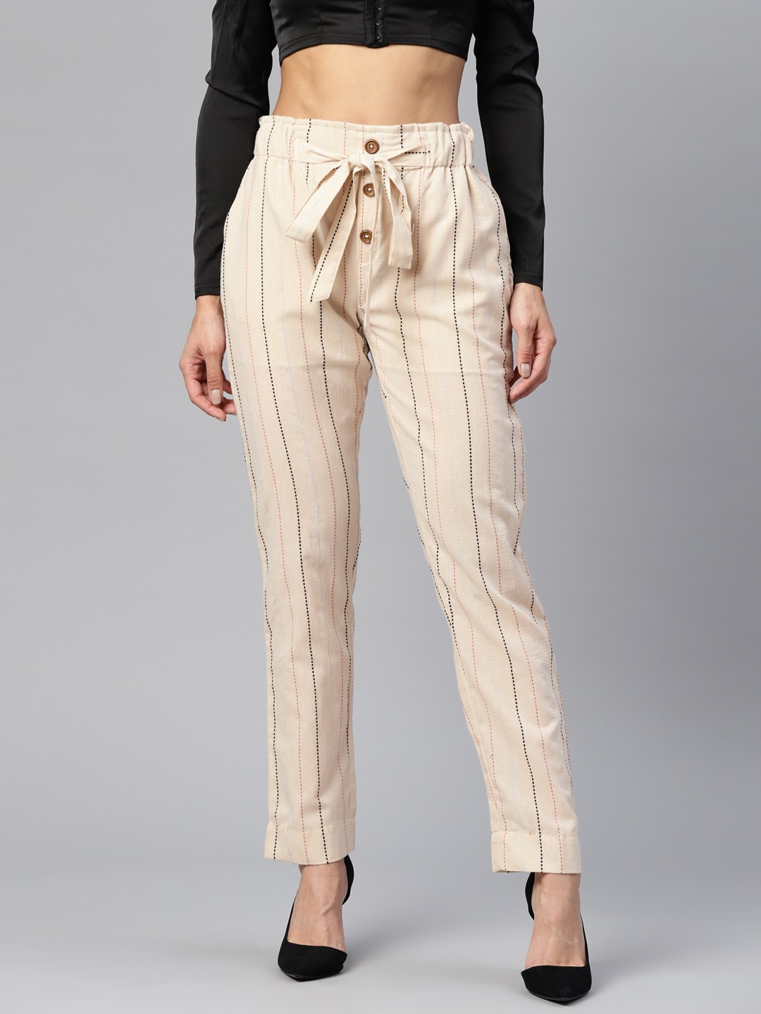 

RUNWAYIN Women Beige & Black Striped Relaxed Trousers