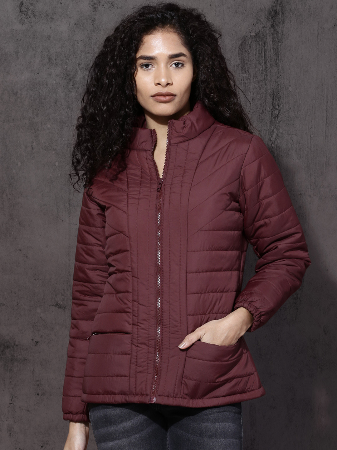

Roadster Women Burgundy Solid Padded Jacket