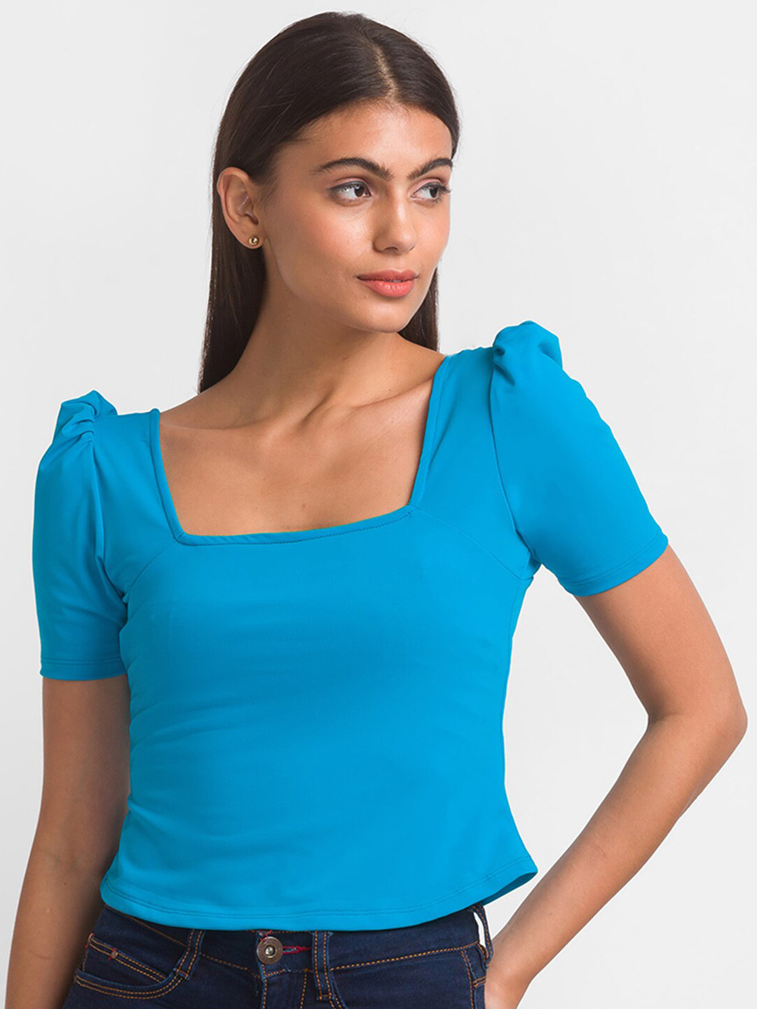 

Globus Blue Puff Sleeve Crop Top