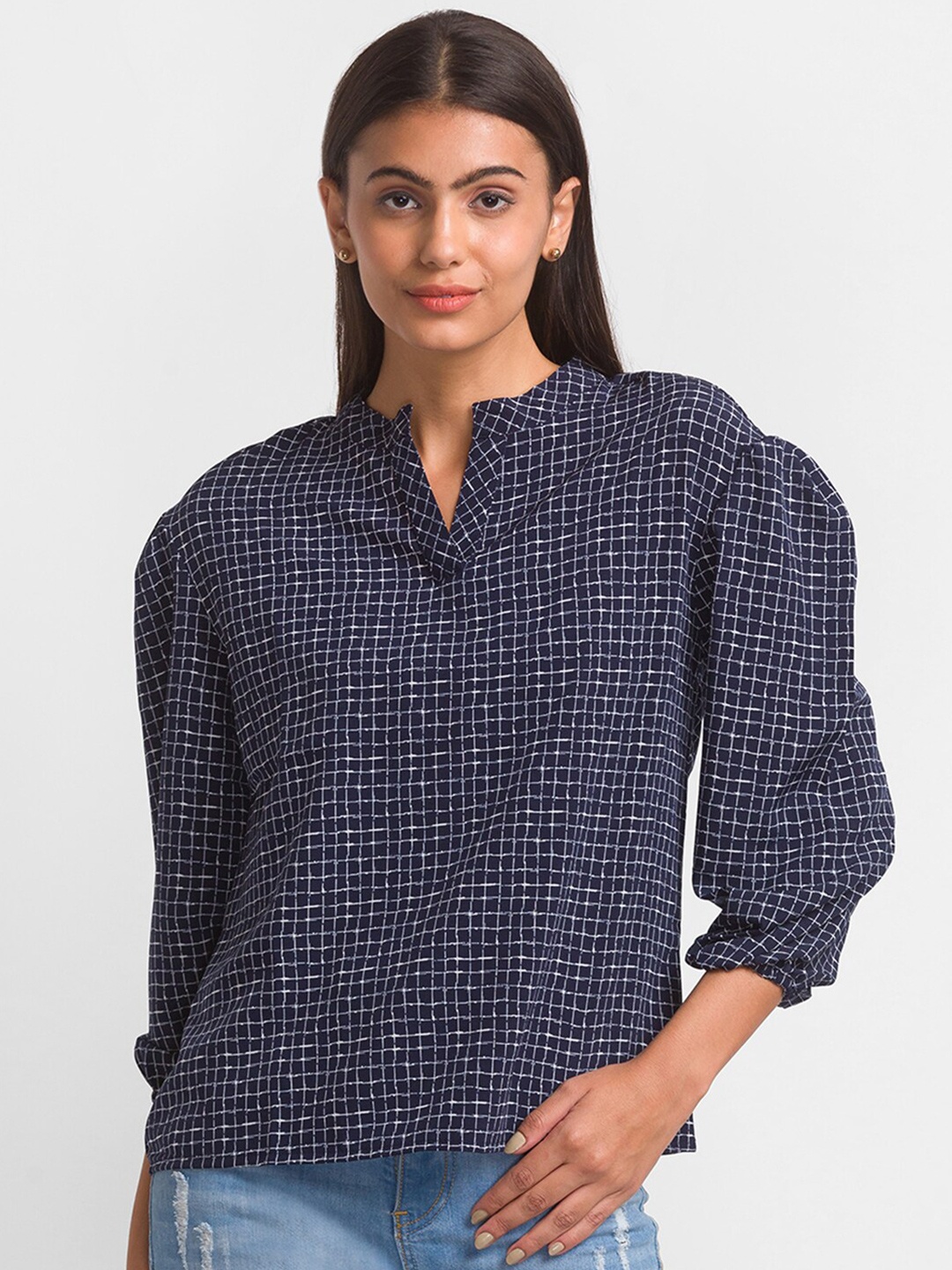 

Globus Navy Blue & dark sapphire Print Mandarin Collar Top