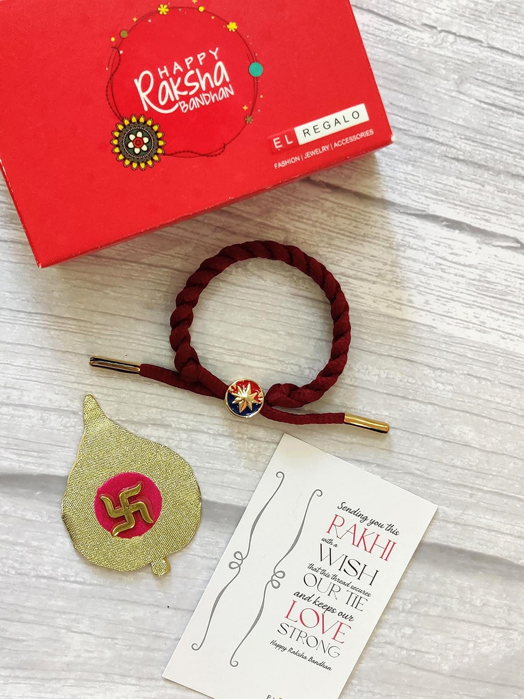 

EL REGALO Kids Unisex Rakhi for Bhai With Roli Chawal Shagun and Greeting Card, Maroon