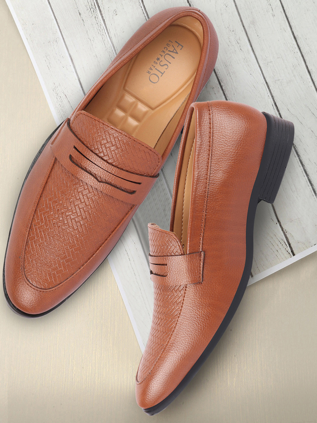 

FAUSTO Men Tan Brown Textured Formal Loafers