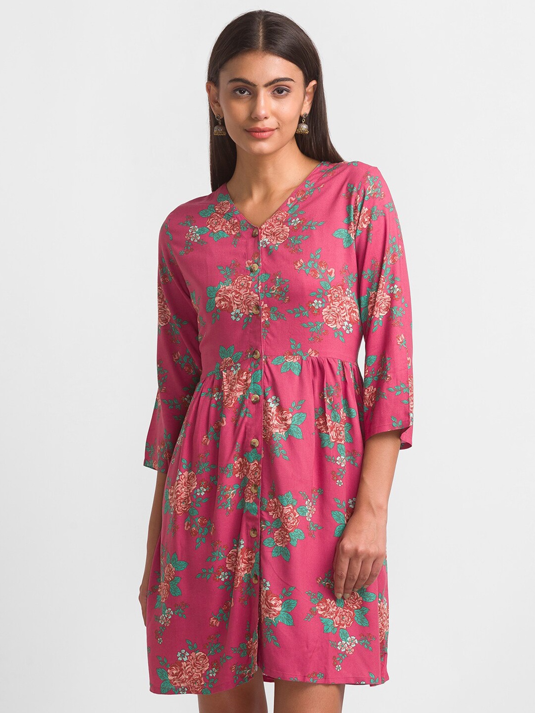 

Globus Floral Print A-Line Ethnic Dress, Rose