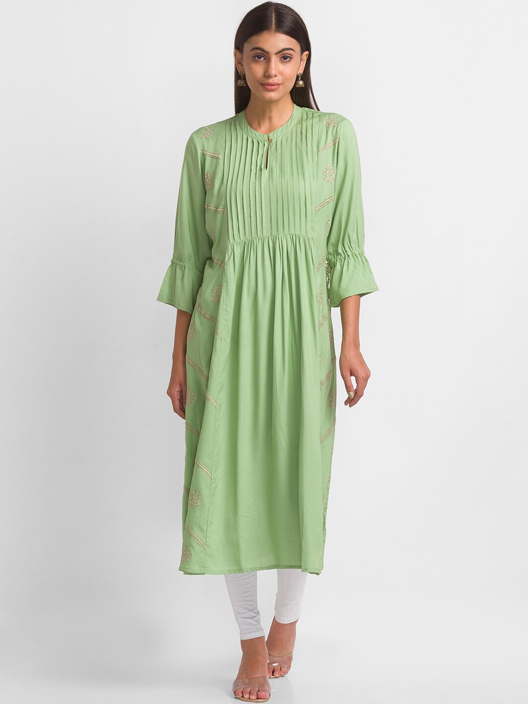 

Globus Women Green Striped Keyhole Neck Flared Sleeves Thread Work Anarkali Kurta