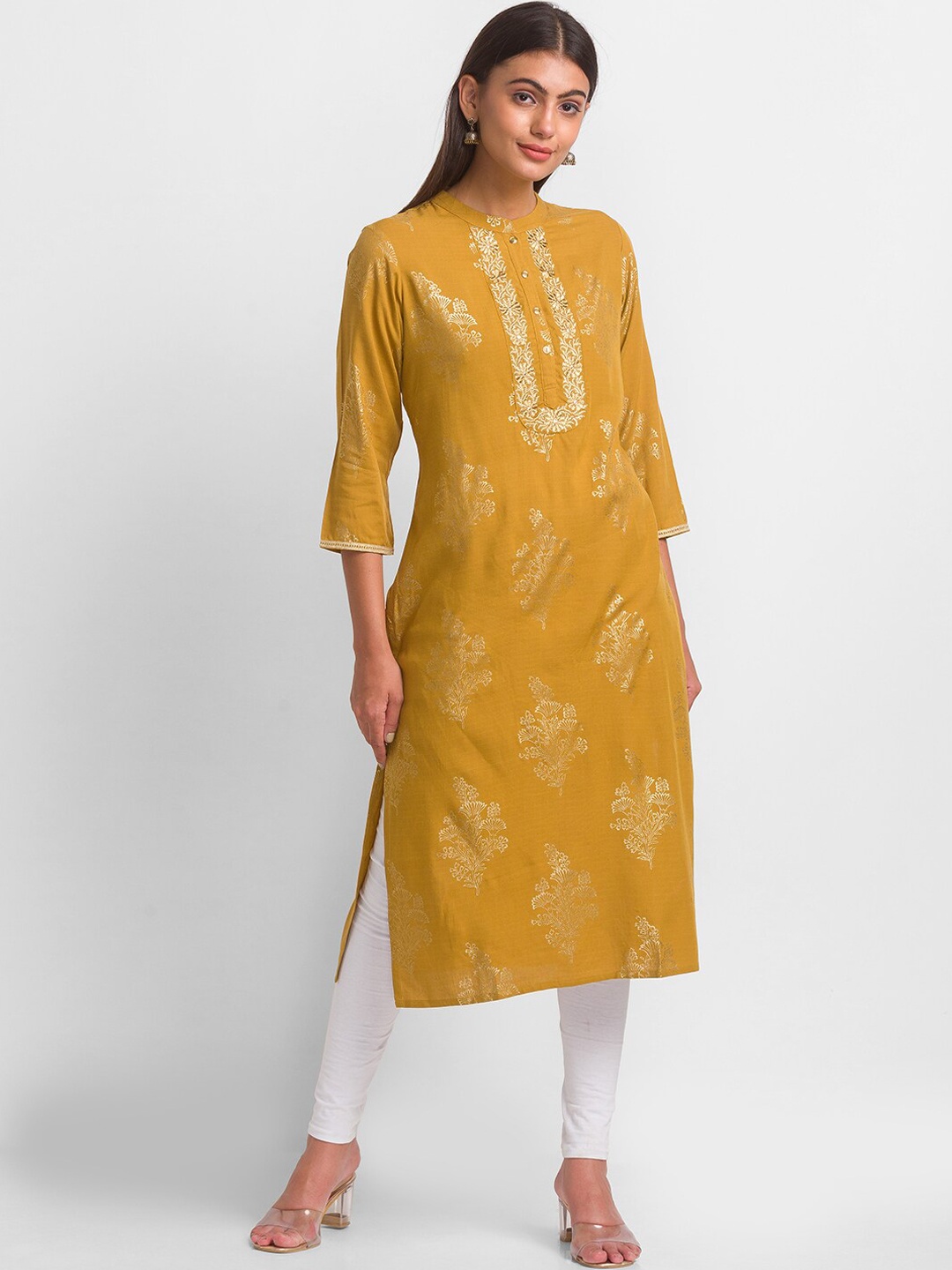 

Globus Women Mustard Yellow & golden yellow Ethnic Motifs Kurta