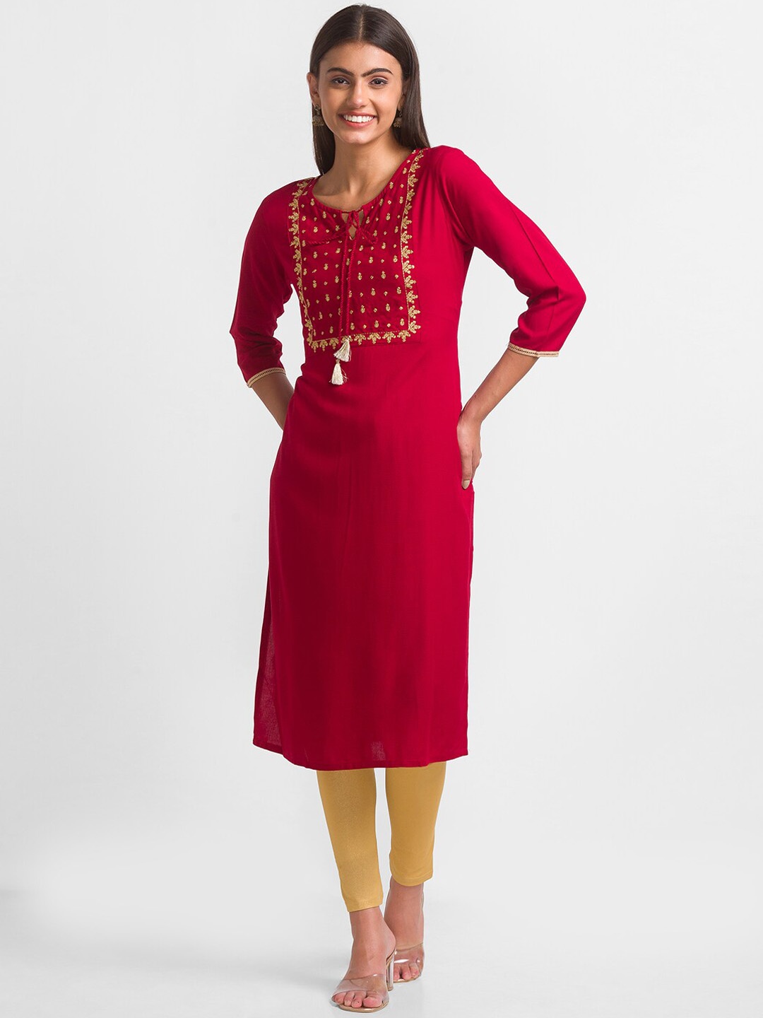 

Globus Women Maroon Yoke Design Keyhole Neck Thread Work Kurta