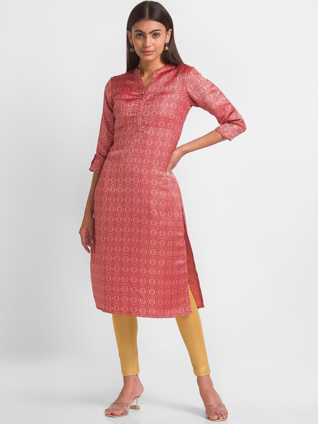 

Globus Women Pink & rapture rose Ethnic Motifs Checked Thread Work Brocade Kurta