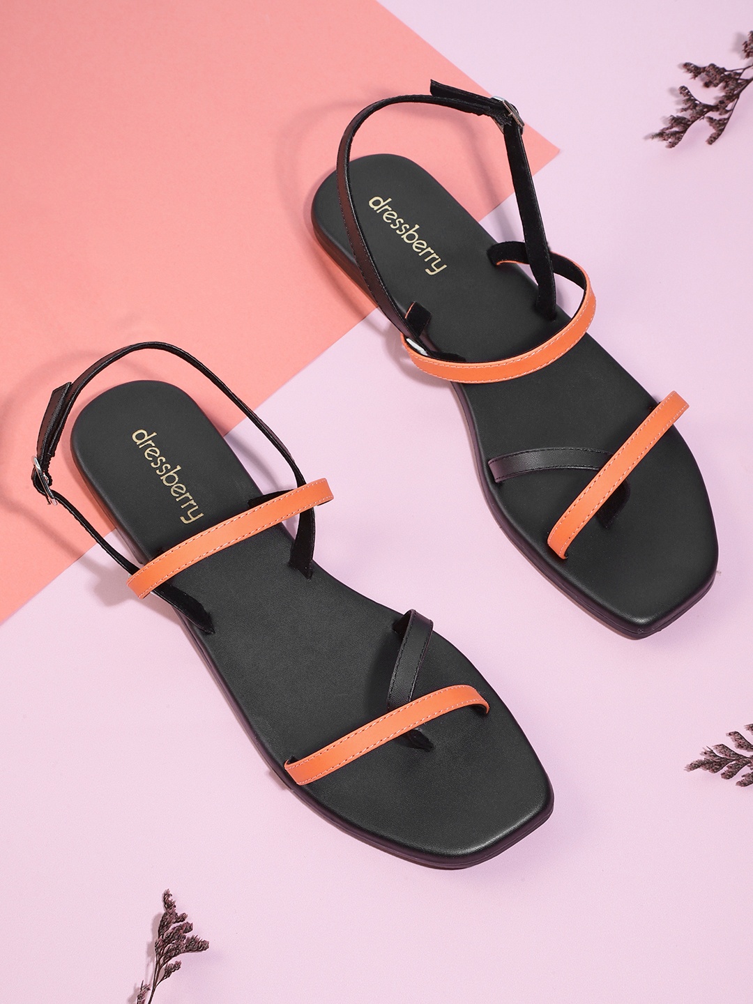 

DressBerry Women Orange & Black Solid Open Toe Flats