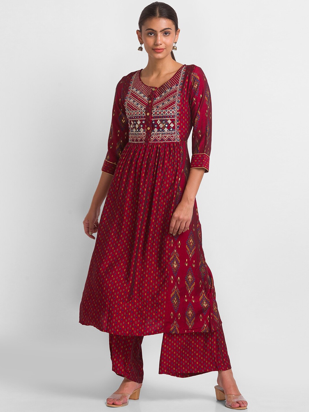 

Globus Women Maroon Floral Printed Empire Kurti with Palazzos