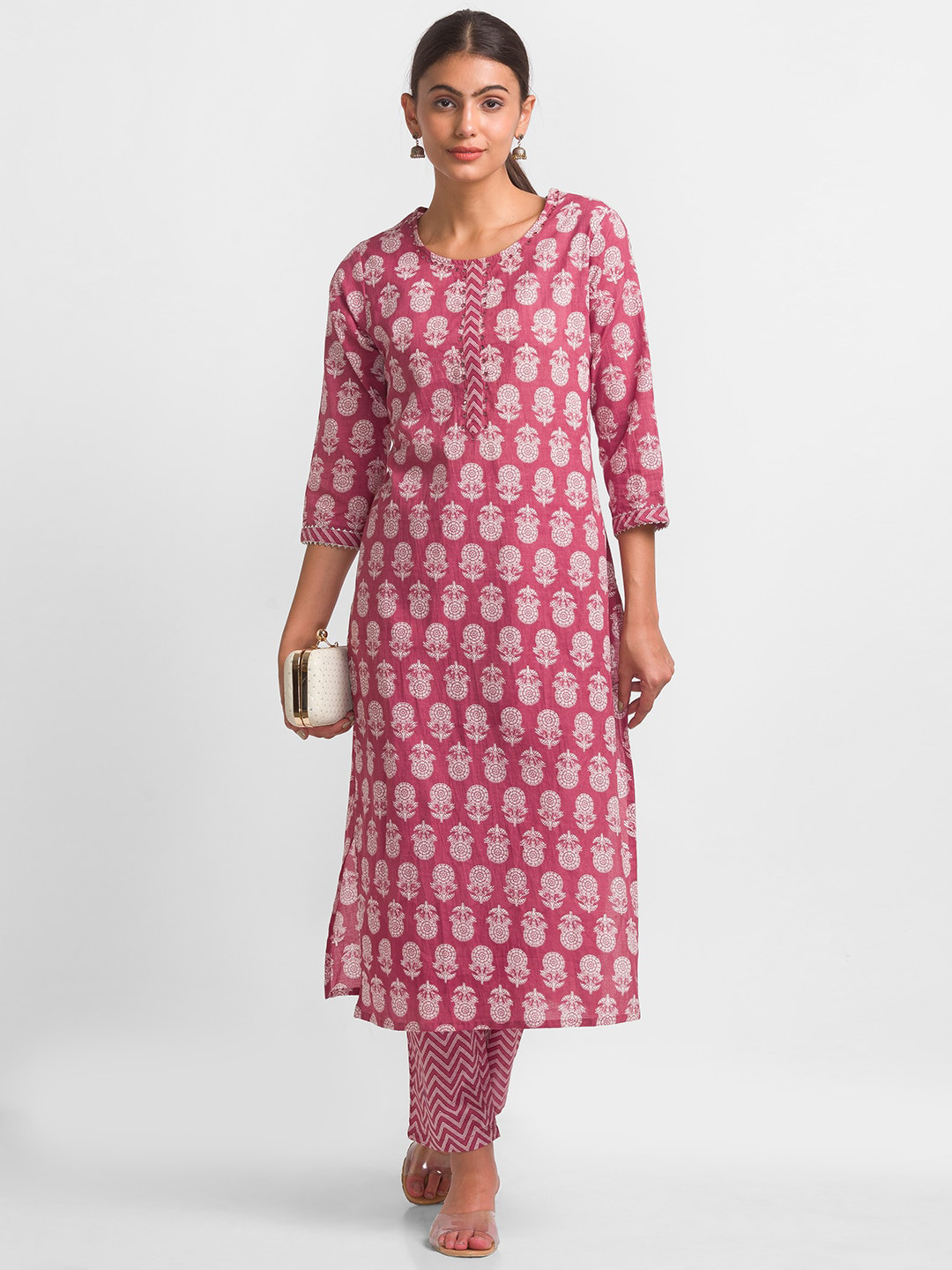

Globus Women Red Ethnic Motifs Printed Thread Work Pure Cotton Kurti with Churidar