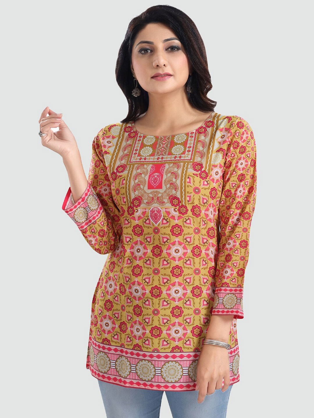 

Saree Swarg Yellow & Pink Ethnic Motifs Printed Kurti