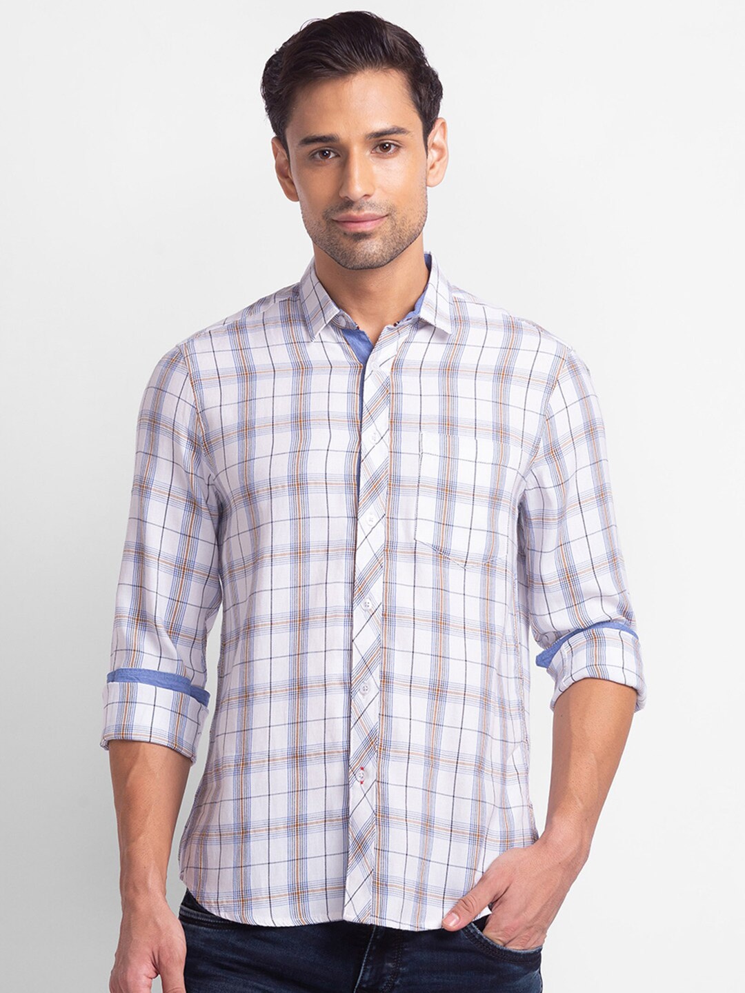 

Globus Men White Tartan Checks Checked Casual Shirt
