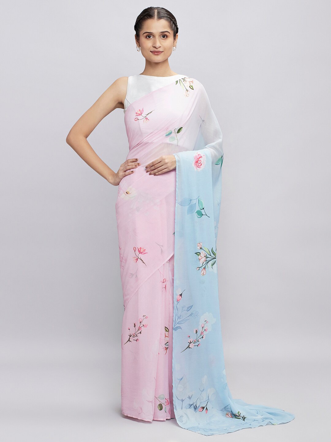 

navyasa Pink & Blue Floral Embroidered Saree
