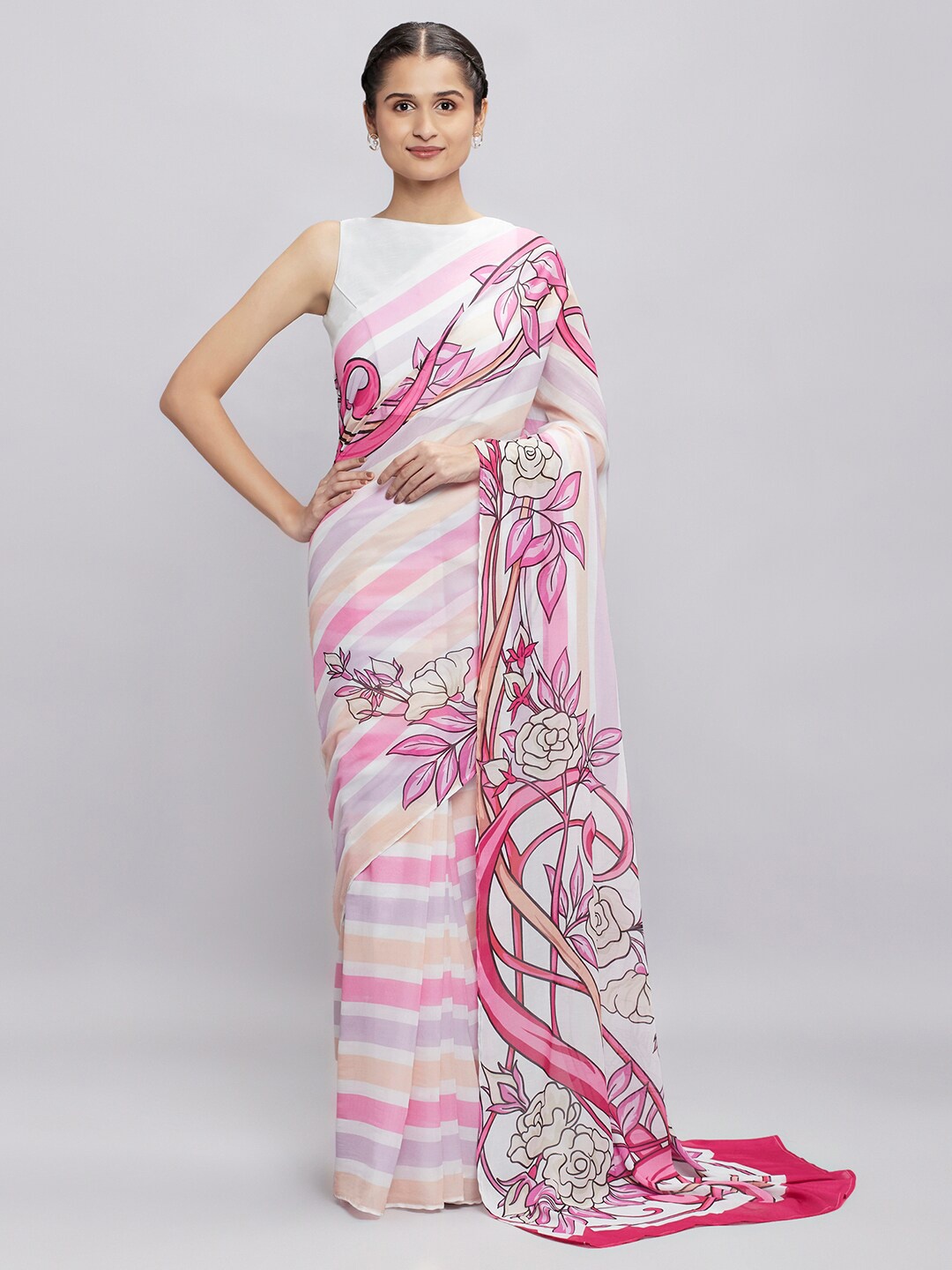 

navyasa by liva Pink & White Floral Saree