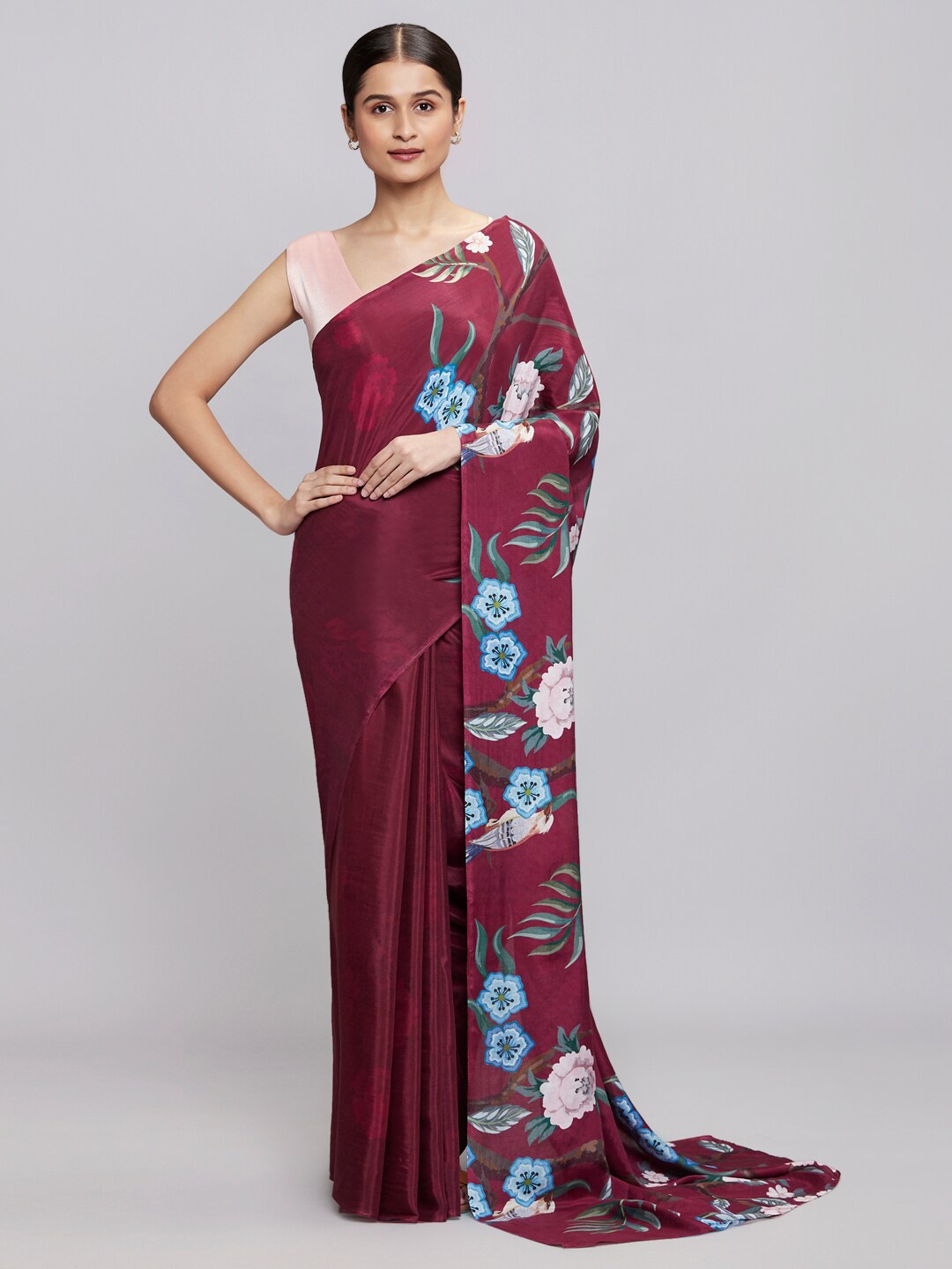 

navyasa by liva Brown & Blue Floral Saree