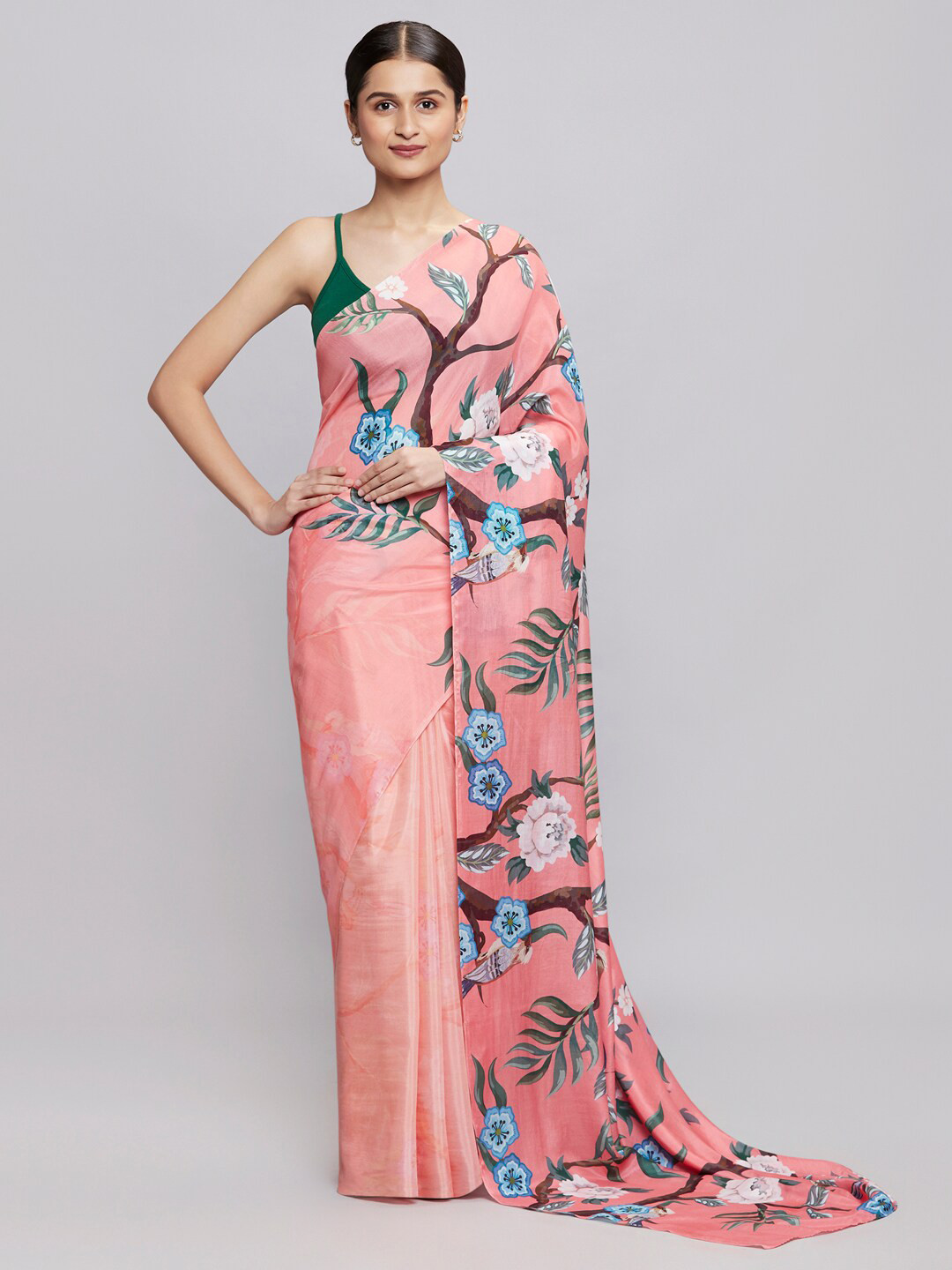

navyasa Pink & Blue Floral Saree