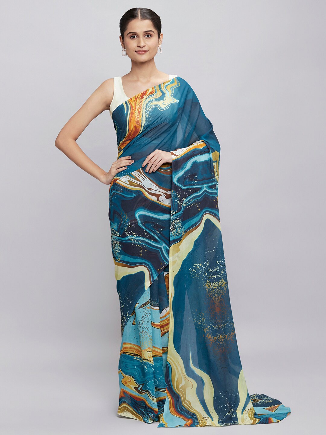 

navyasa by liva Blue & Yellow Saree