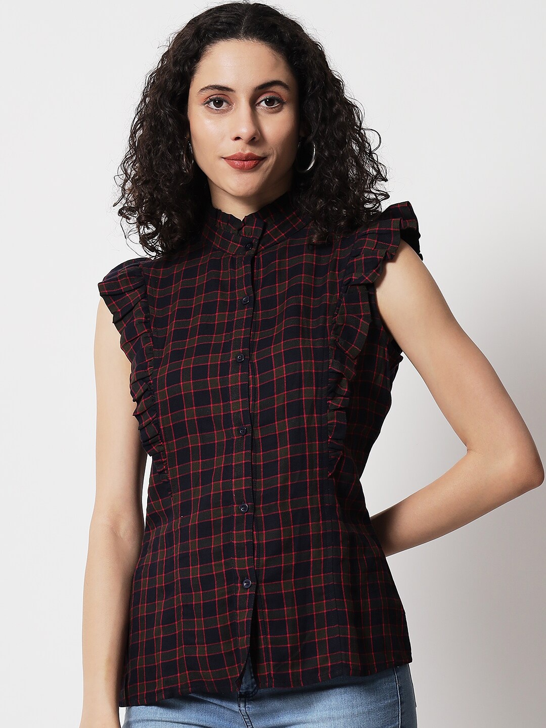 

CHARMGAL Women Blue Slim Fit Tartan Checks Checked Casual Shirt