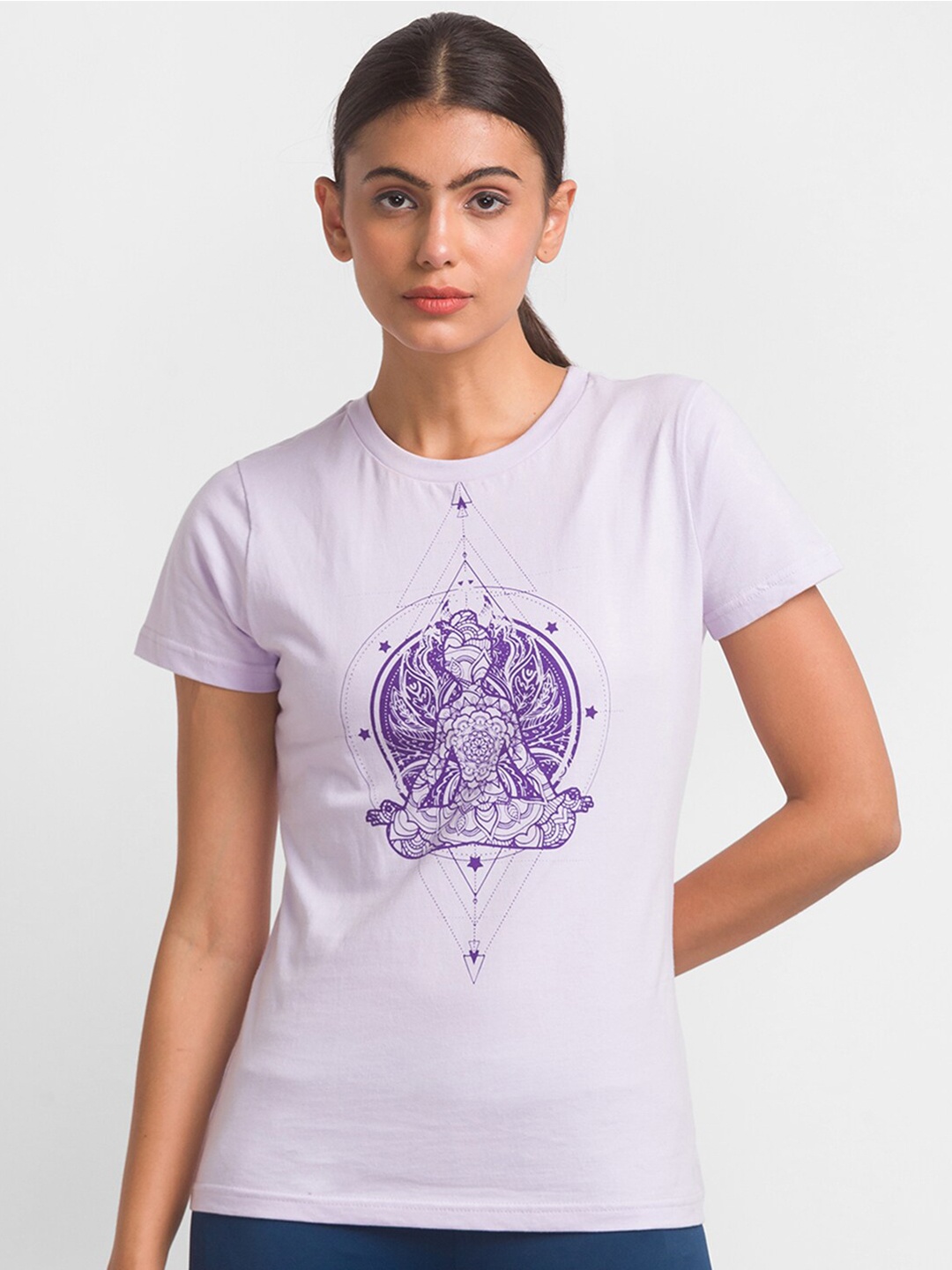 

Globus Women Purple & bright gray Printed Pure Cotton Raw Edge T-shirt