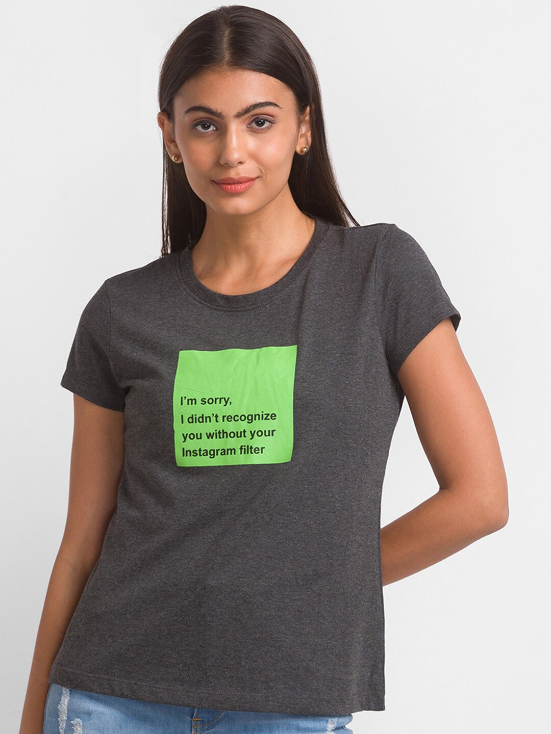 

Globus Women Charcoal Grey Pure Cotton T-shirt