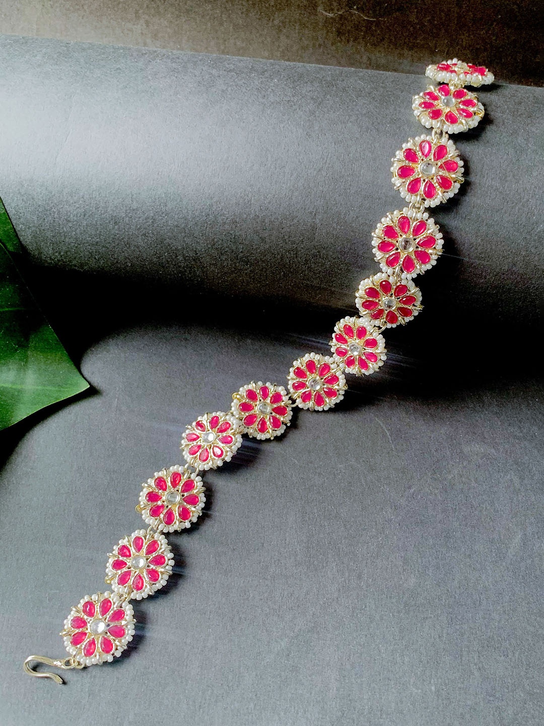 

I Jewels Pink & White Gold-Plated Kundan Studded & Beaded Sheeshphool