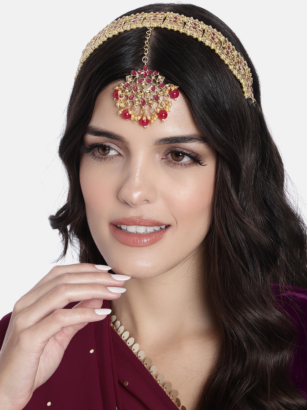 

I Jewels Pink & White Gold-Plated Kundan Studded & Beaded Sheeshphool
