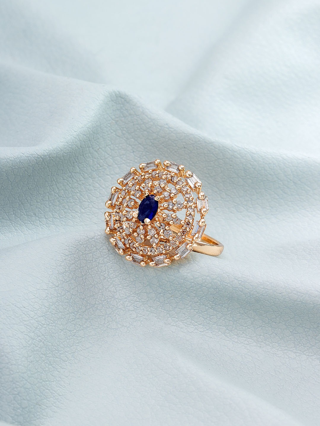 

aadita Rose Gold-Plated White & Blue Stone-Studded Finger Ring