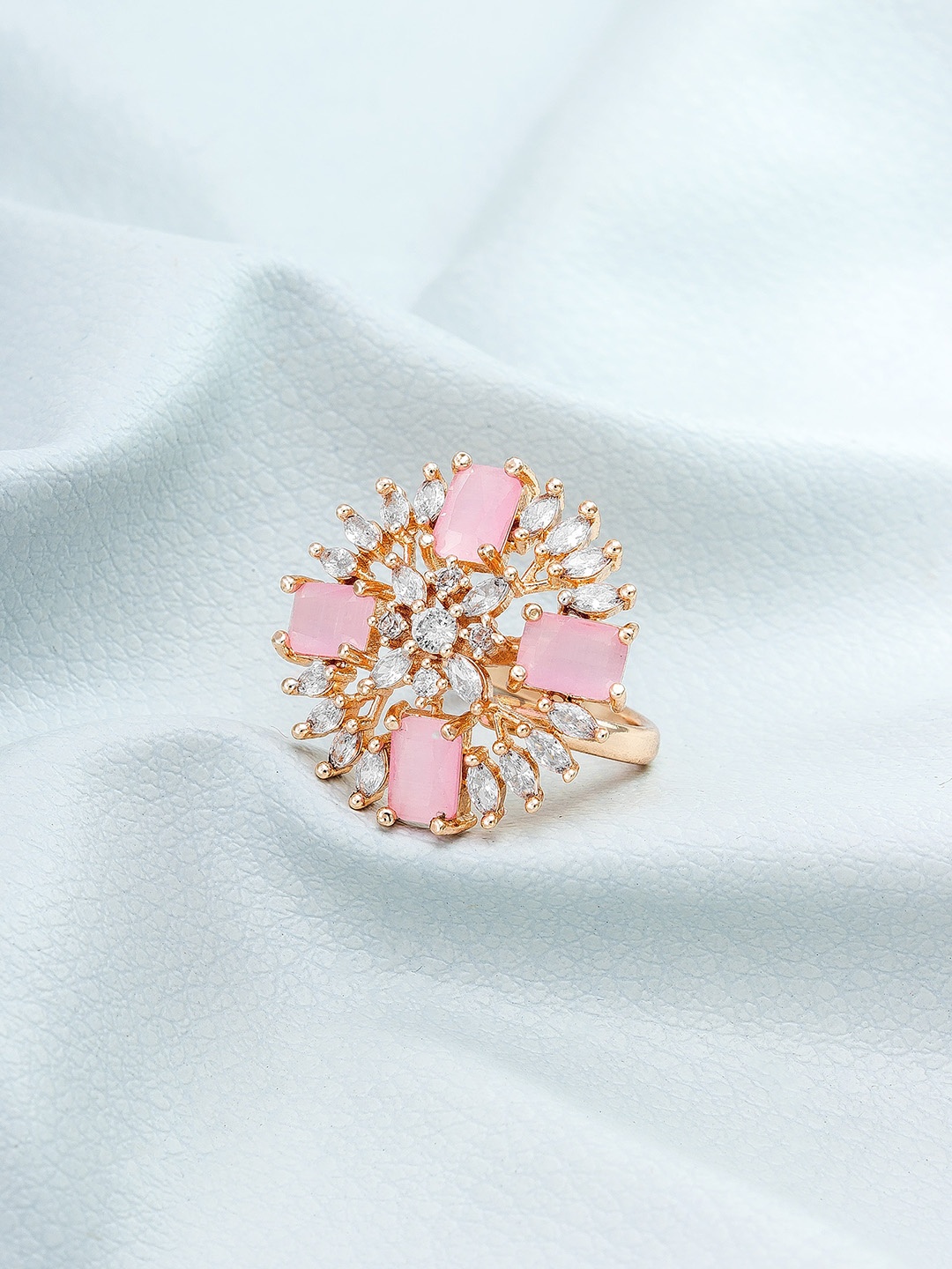 

aadita Rose Gold-Plated White & Pink Stone Studded Finger Ring