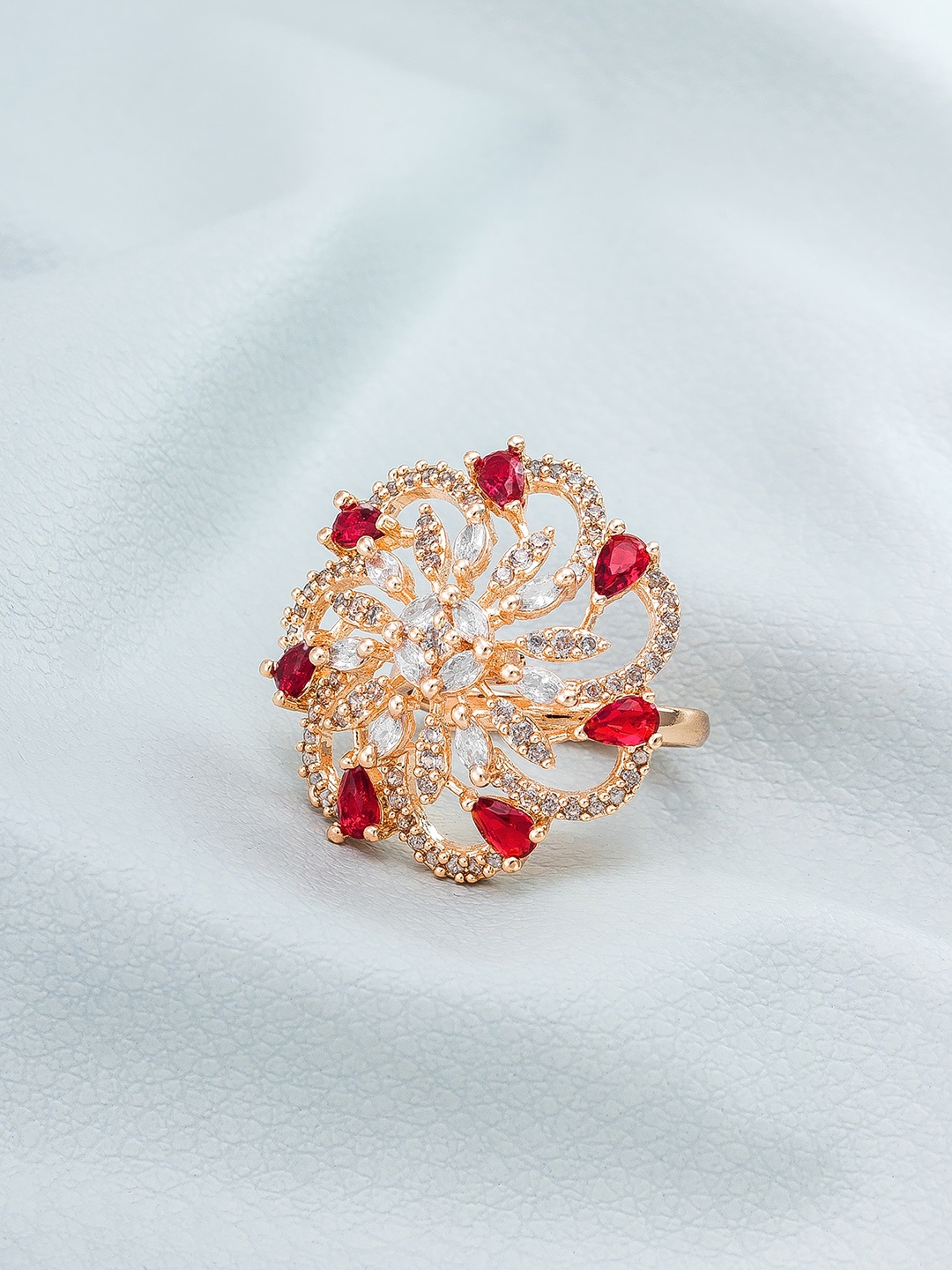 

aadita Rose Gold-Plated White & Red Stones-Studded & Beaded Finger Ring