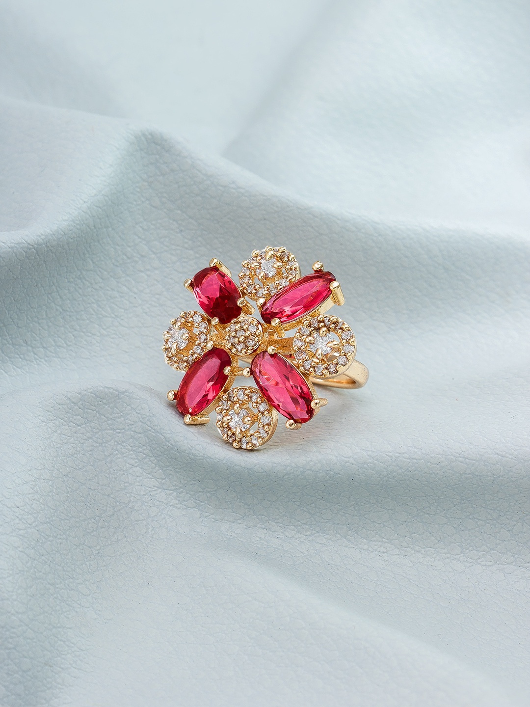 

aadita Rose Gold-Plated White & Pink Stone Studded & Beaded Finger Ring