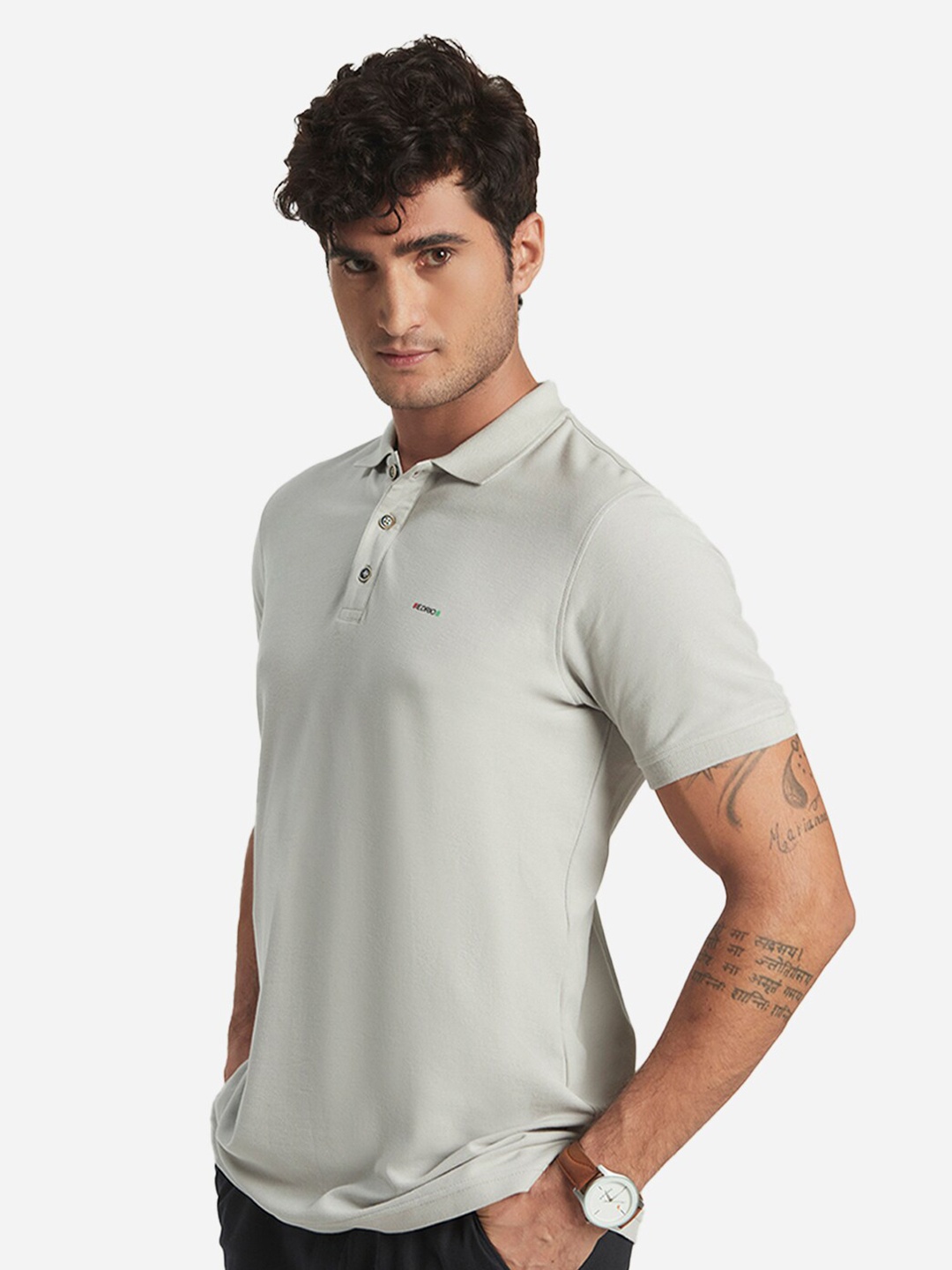 

EDRIO Men Grey & foggy dew Polo Collar Organic Cotton Applique T-shirt