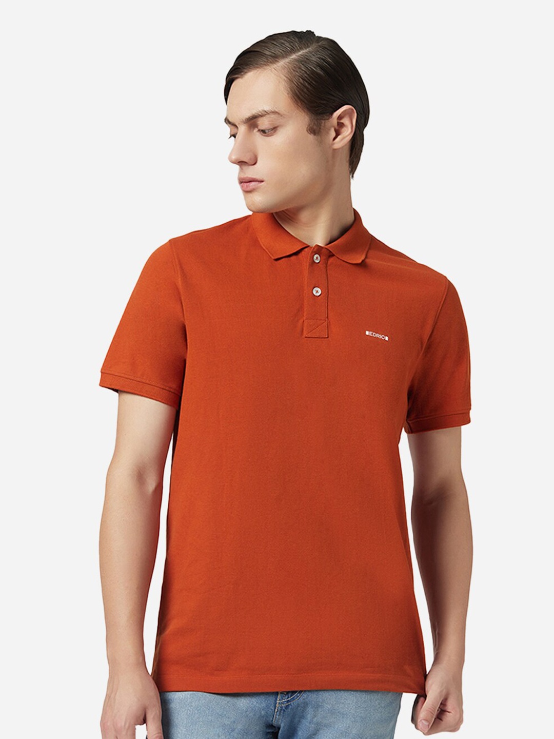 

EDRIO Men Rust & red dahlia Polo Collar Applique T-shirt