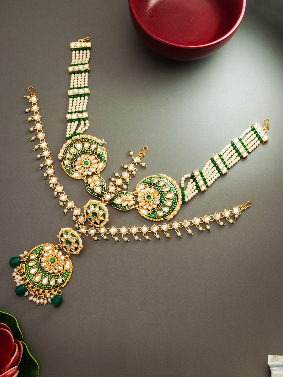 

aadita Gold-Plated White & Green Kundan-Studded & Pearl Beaded Layered Matha Patti