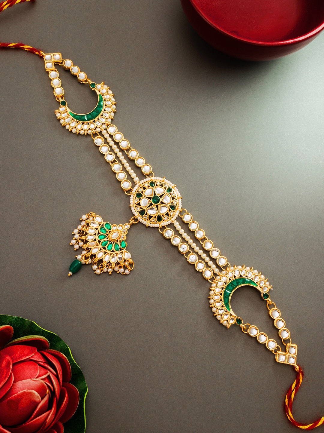 

aadita Gold-Plated Green & Red Kundan-Studded & Pearl-Beaded Maang Tikka