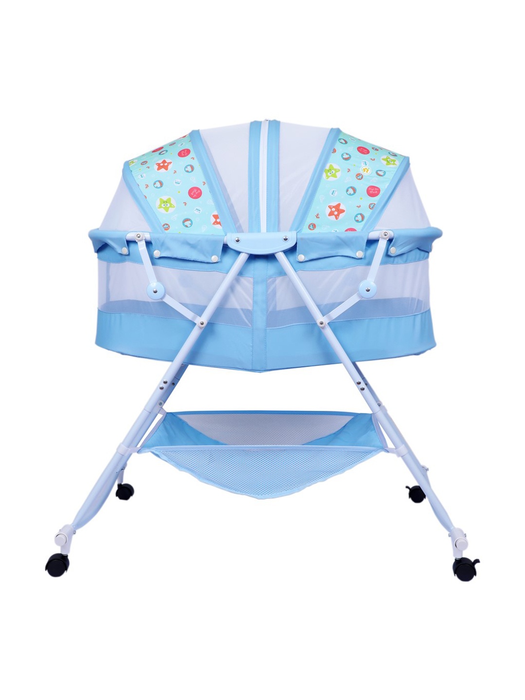

1st Step Infants Blue Printed Bassinet With Swing And Mosquito Net