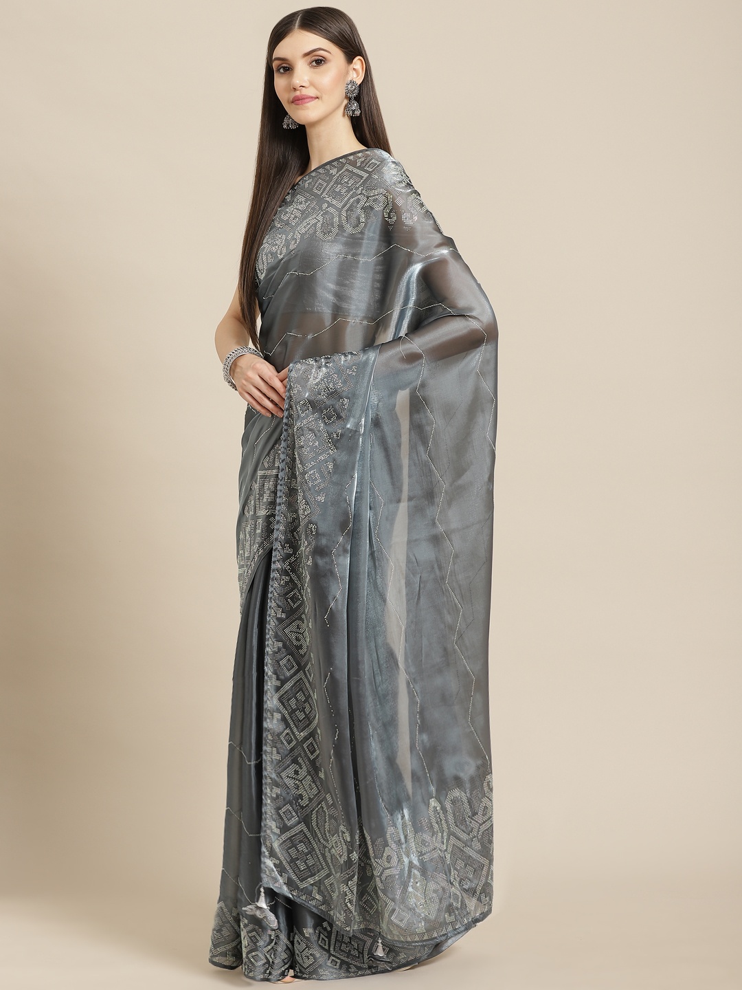 CAMPAIGN TRENDS Grey Embellished Beads and Stones Organza Saree with Blouse Piece